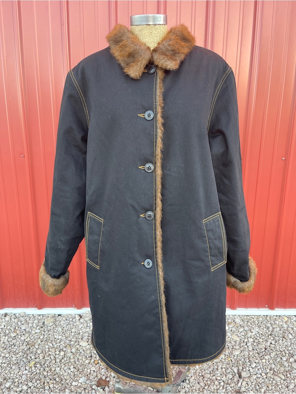 Denim&Co Black Coat with Brown Faux Fur Trim